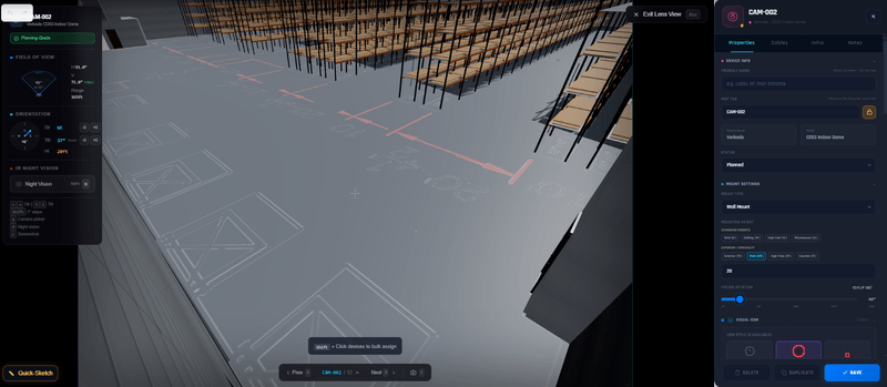 A first-person 3D lens view from a planned dome camera looking down a warehouse racking aisle. A field-of-view panel reports 91.8° horizontal by 71.8° vertical with a 165 ft range, an orientation panel shows the camera facing north-east at 37° tilt on a 20 ft mount, and IR night vision is toggled on. The device panel alongside carries the manufacturer, model, mount type, and mounting height.