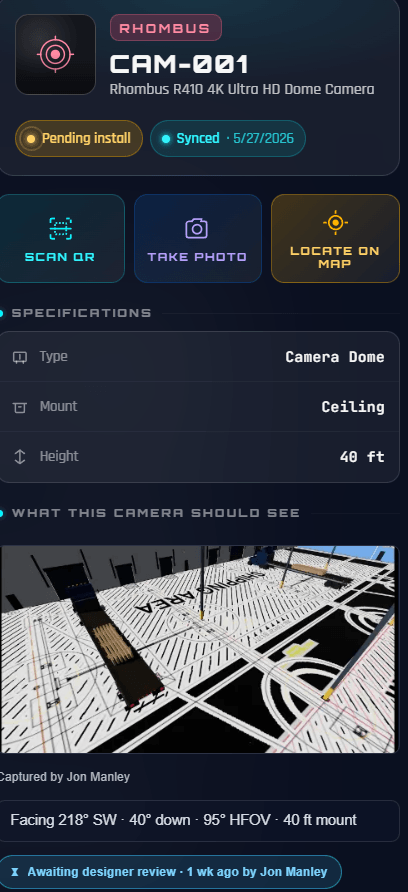 A field device card for camera CAM-001: pending-install status, mount and height specs, a reference photo of what the camera should see, and its facing and field of view, awaiting designer review.