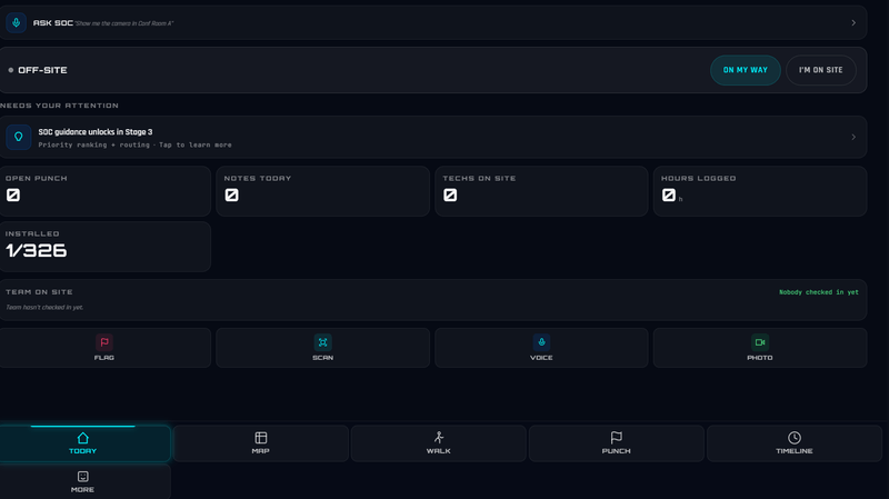 The field operations home screen in a phone-first layout: an on-site status toggle, an installed-devices counter, team check-in, and quick flag, scan, voice, and photo actions.
