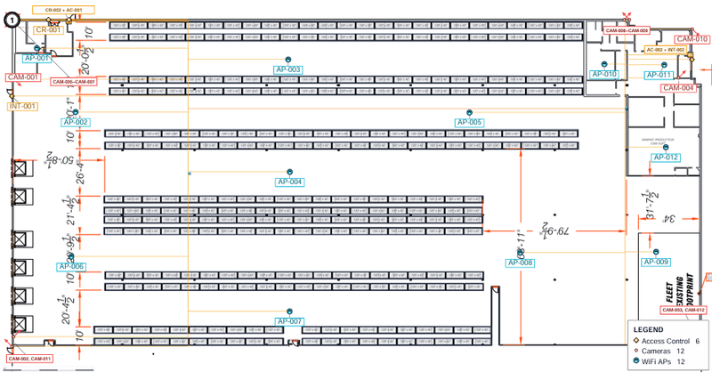 A dimensioned installation drawing of a warehouse floor. Every device carries a callout tag — card readers, access controllers and an intercom at the entrances, cameras around the perimeter, and access points through the racking aisles — with dimension strings in feet and inches locating each one from the building line. A legend counts six access-control devices, twelve cameras and twelve wireless access points.