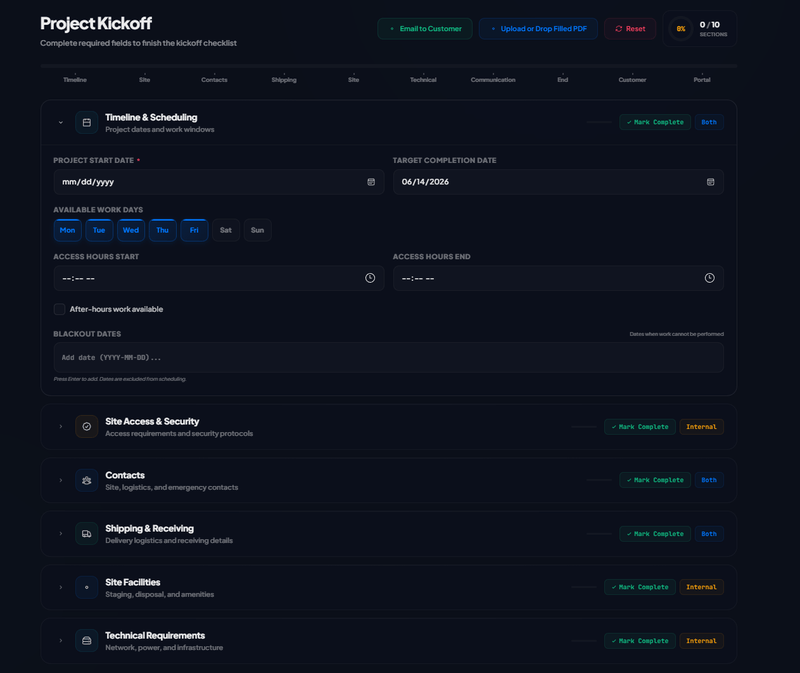 A project kickoff checklist: a ten-section completion tracker covering timeline and scheduling, site access, contacts, shipping, site facilities, and technical requirements, for a sample project.